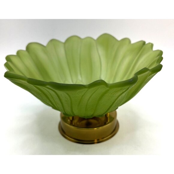 Vtg Green Frosted Glass Candy Dish Footed With Brass Base - Picture 1 of 5